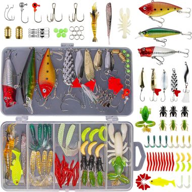 Fishing Lures Kit for Freshwater Bait Tackle Kit for Bass Trout Salmon Fishing Accessories Tackle Box Including Spoon Lures Soft Plastic Worms Gifts for Men